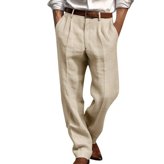 Cotton Linen Pants for Men Pleated Front Trouser Straight Leg Suit Trousers Solid Color Office Trouser Lightweight Linen Pant