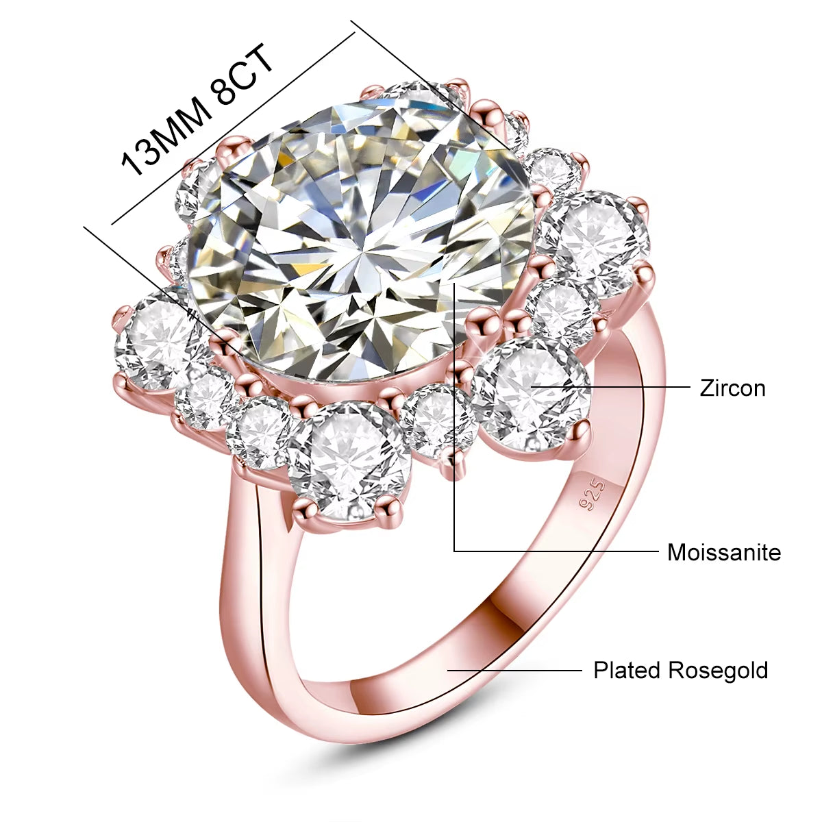 Massive round Cut 13Mm 8Ct Moissanite Ring with Certification Luxury Wedding Fine Jewelries for Women Engagement Gift Pass Test