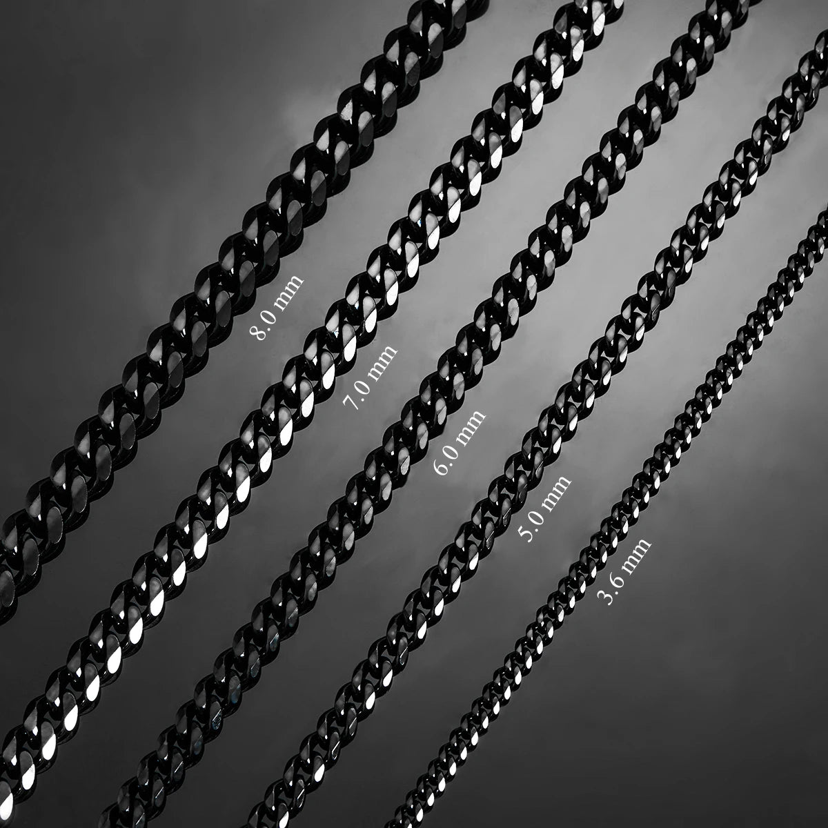 3.6Mm/5Mm/6Mm/7Mm/8Mm Black Color Stainless Steel Cuban Link Chains Classic Men Boy Curb Chunky Necklace 14 to 30 Inches