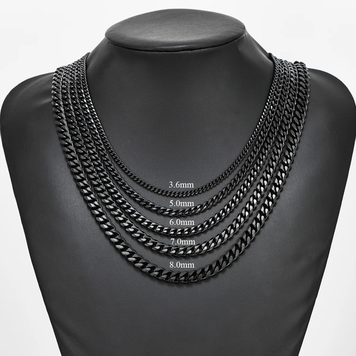 3.6Mm/5Mm/6Mm/7Mm/8Mm Black Color Stainless Steel Cuban Link Chains Classic Men Boy Curb Chunky Necklace 14 to 30 Inches