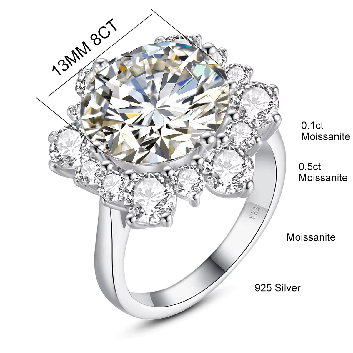 Massive round Cut 13Mm 8Ct Moissanite Ring with Certification Luxury Wedding Fine Jewelries for Women Engagement Gift Pass Test
