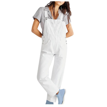 2024 Women'S Overalls Loose Fit Ladies Jeans Summer Solid Color Fashion Baggy Suspenders Button Jumpsuit Casual Sleeveless Wide Long Bib Leg Rompers with Pockets White M