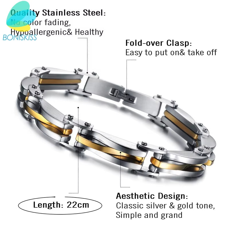 Men Boys Stainless Steel Two Tone Rhombus Cool Link Bangle Bracelet Cuff Gold/Silver Color Wristband Jewelry Xmas Gift