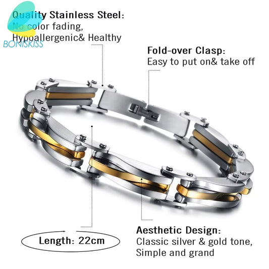 Men Boys Stainless Steel Two Tone Rhombus Cool Link Bangle Bracelet Cuff Gold/Silver Color Wristband Jewelry Xmas Gift