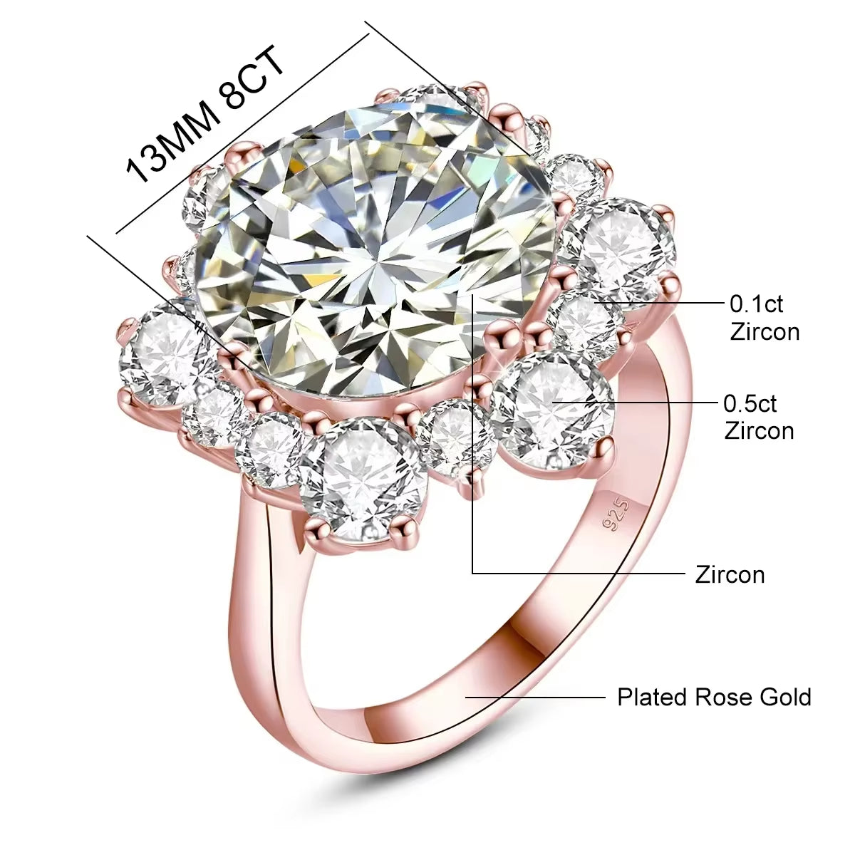 Massive round Cut 13Mm 8Ct Moissanite Ring with Certification Luxury Wedding Fine Jewelries for Women Engagement Gift Pass Test