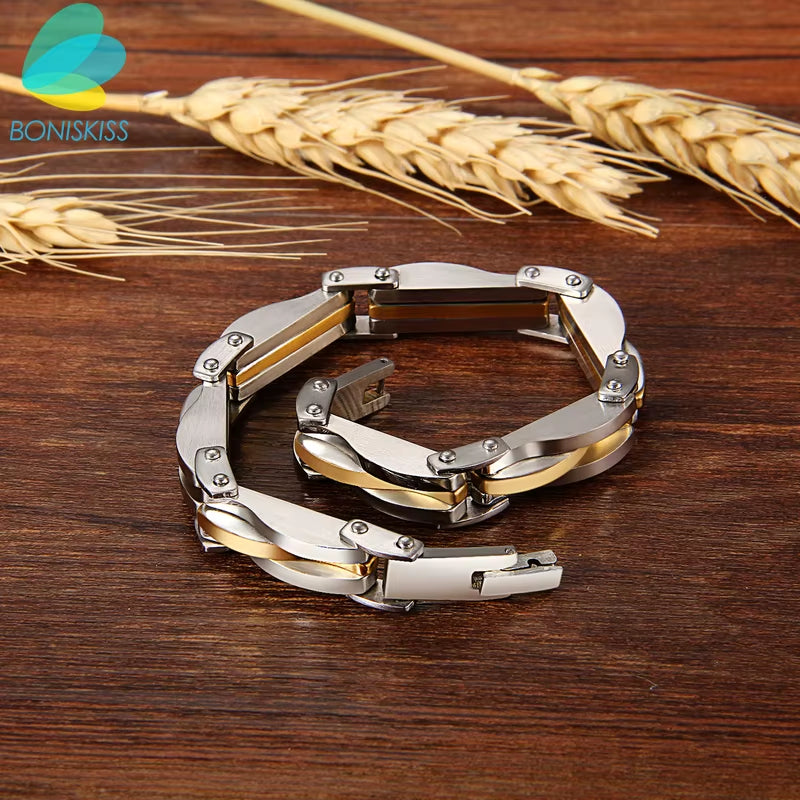 Men Boys Stainless Steel Two Tone Rhombus Cool Link Bangle Bracelet Cuff Gold/Silver Color Wristband Jewelry Xmas Gift