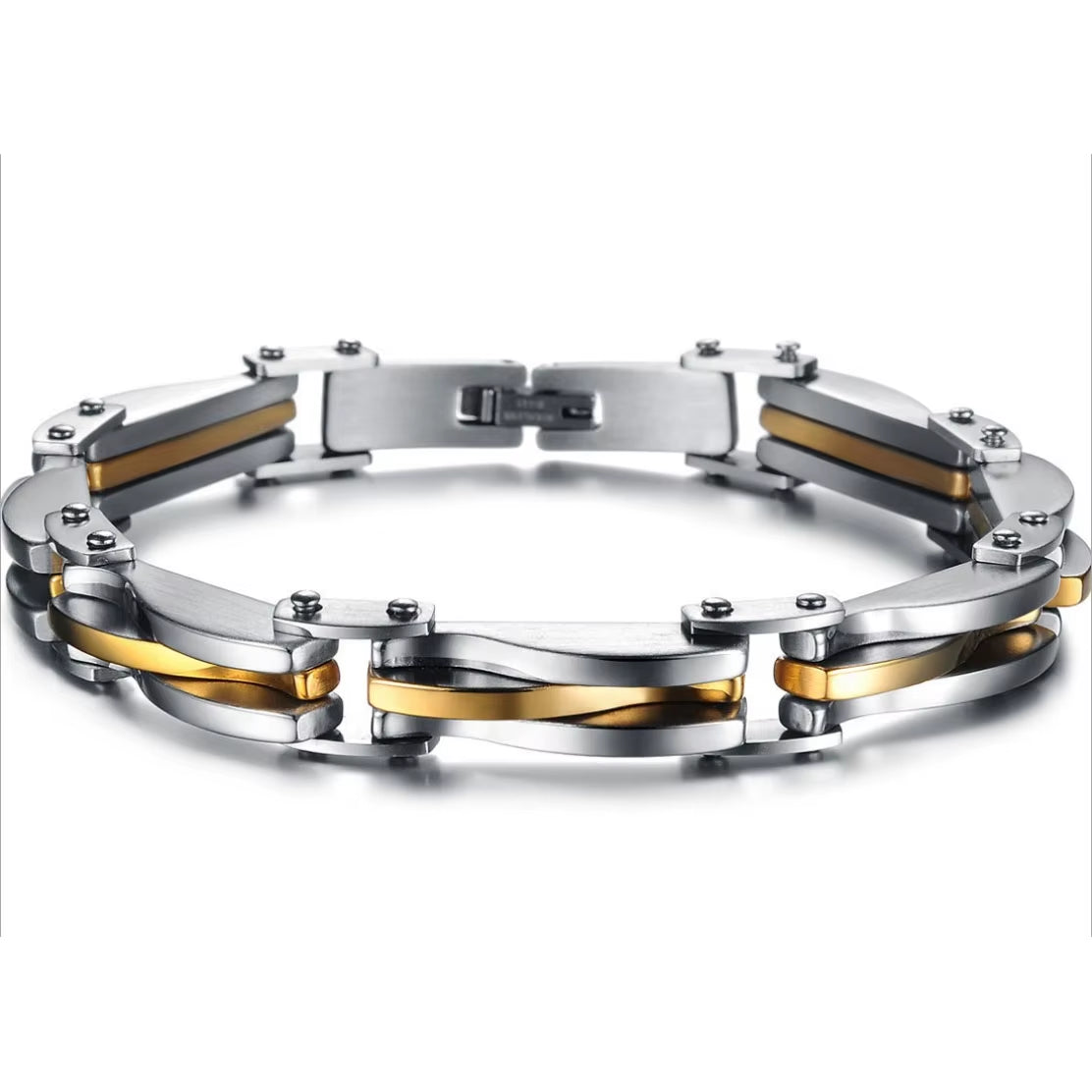 Men Boys Stainless Steel Two Tone Rhombus Cool Link Bangle Bracelet Cuff Gold/Silver Color Wristband Jewelry Xmas Gift