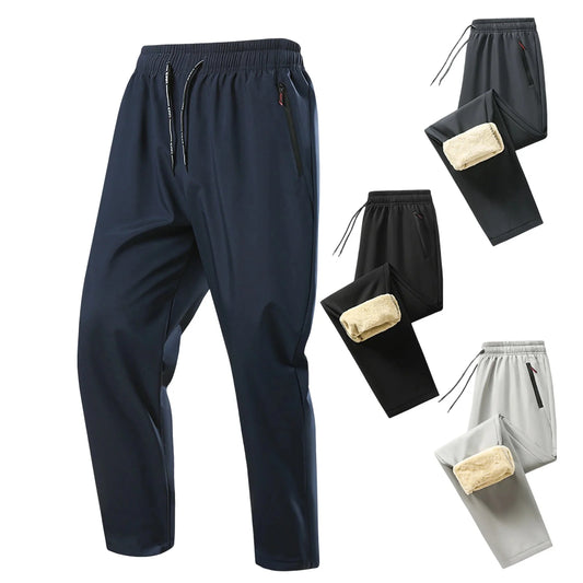 Fleece Lined Pants for Men Warm Sherpa Lined Thermal Pants Drawstring Elastic Waist Straight Leg Pants Solid Lounge Pants with Pocket
