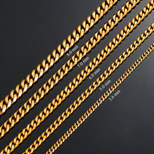 Hot Sale 5Mm/6Mm/7Mm/8Mm/9Mm Gold Plated Stainless Steel Cuban Link Chains Classic Men Boy Curb Chunky Necklace 20 to 24 Inches