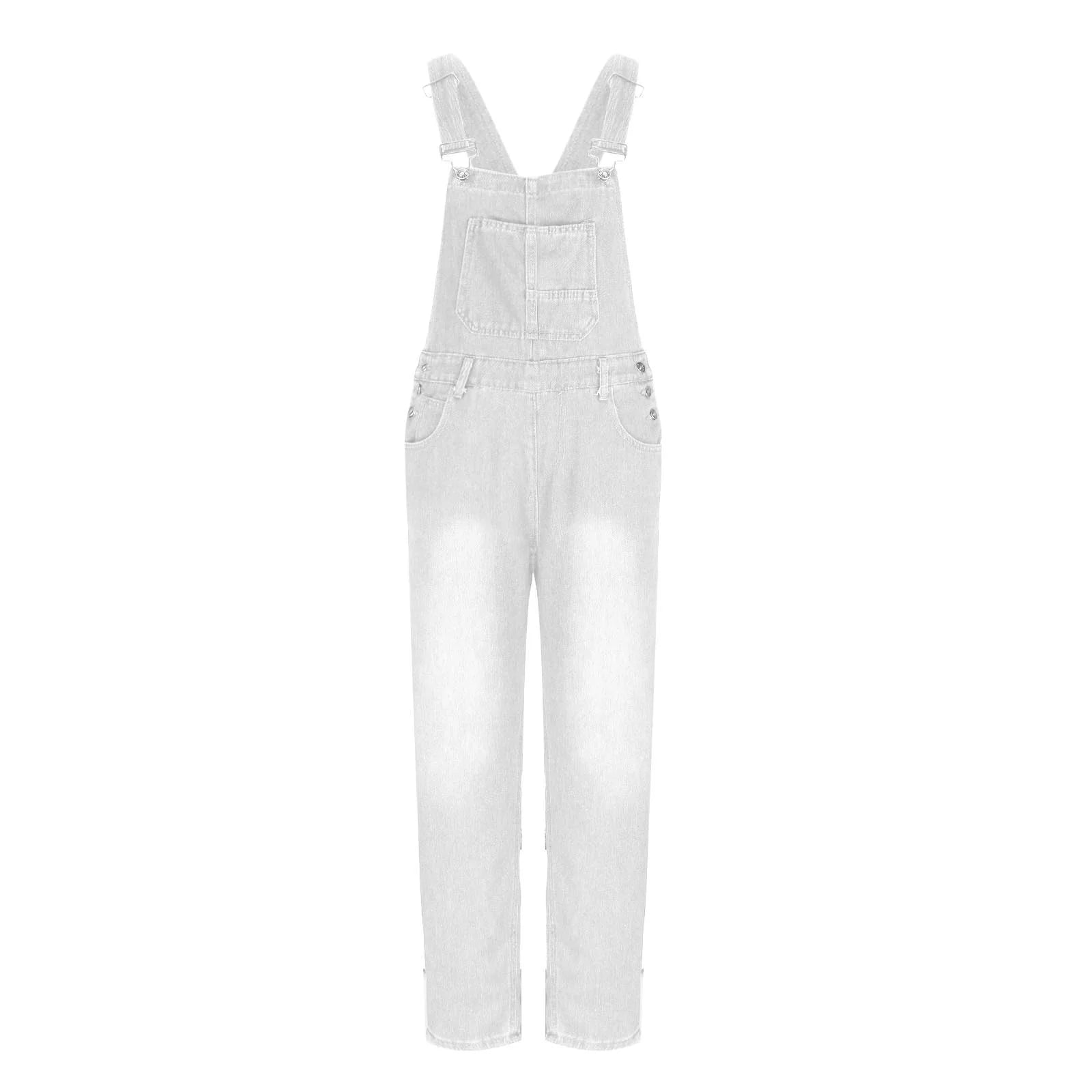 2024 Women'S Overalls Loose Fit Ladies Jeans Summer Solid Color Fashion Baggy Suspenders Button Jumpsuit Casual Sleeveless Wide Long Bib Leg Rompers with Pockets White M