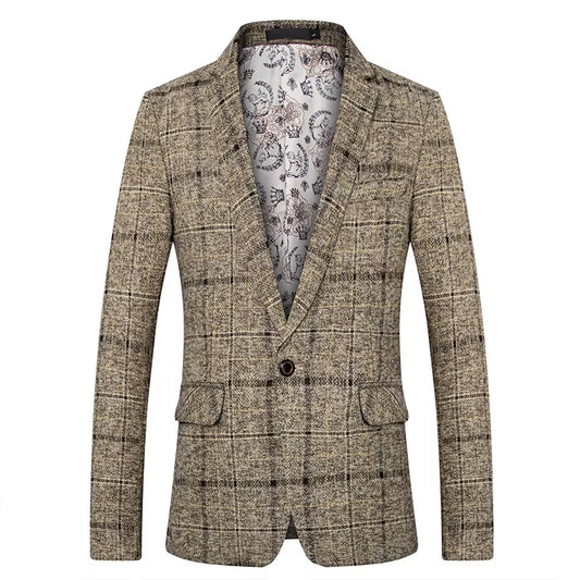 Men'S Suit Coat Business Casual Small Suit Spring and Autumn New Professional Clothes Formal Men'S Top Fashion Plaid Dress