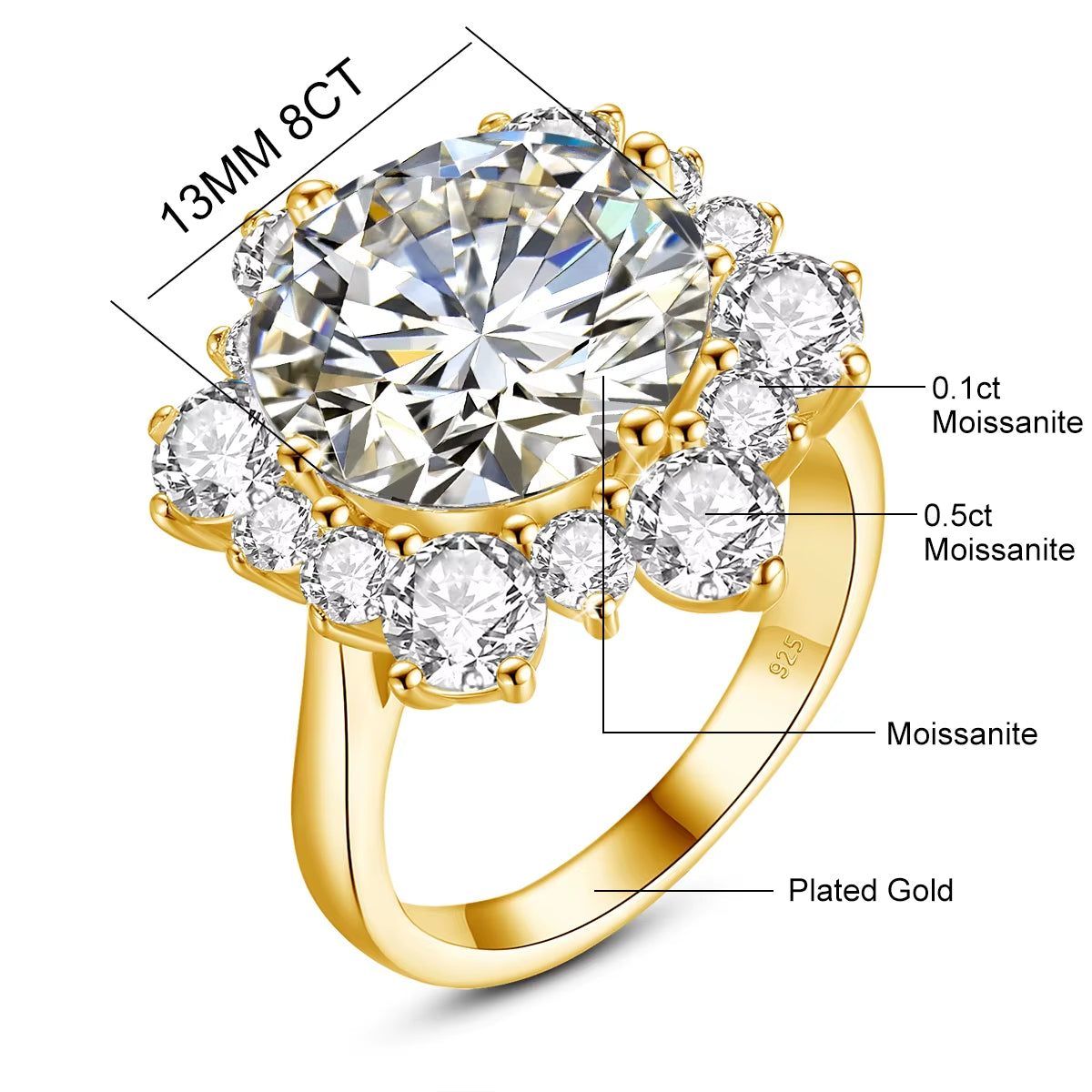 Massive round Cut 13Mm 8Ct Moissanite Ring with Certification Luxury Wedding Fine Jewelries for Women Engagement Gift Pass Test