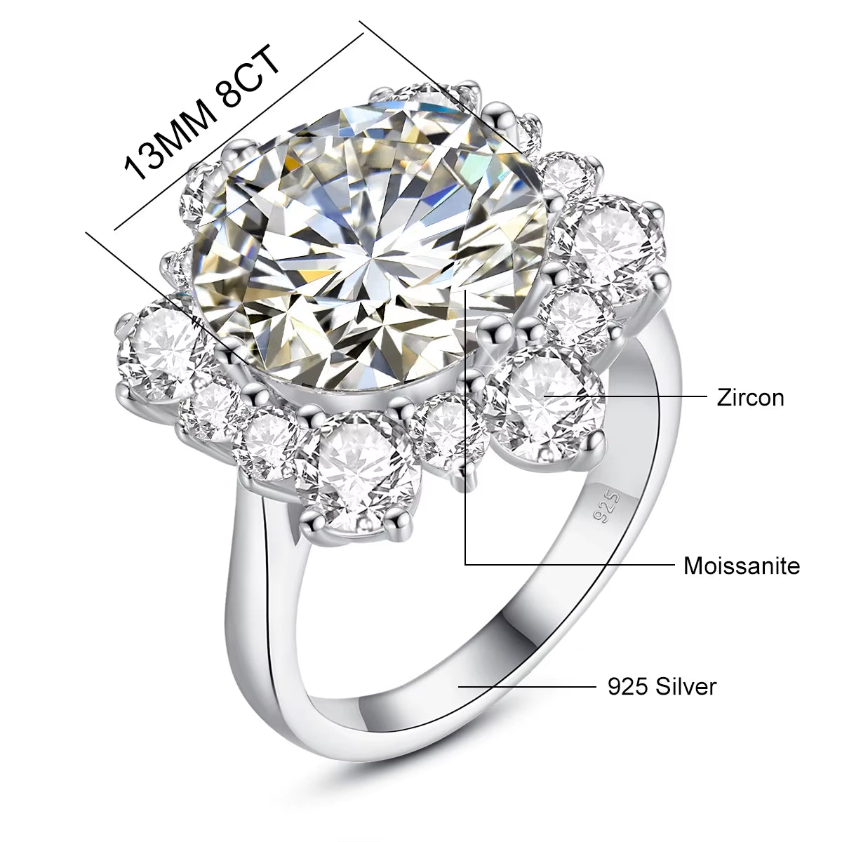 Massive round Cut 13Mm 8Ct Moissanite Ring with Certification Luxury Wedding Fine Jewelries for Women Engagement Gift Pass Test