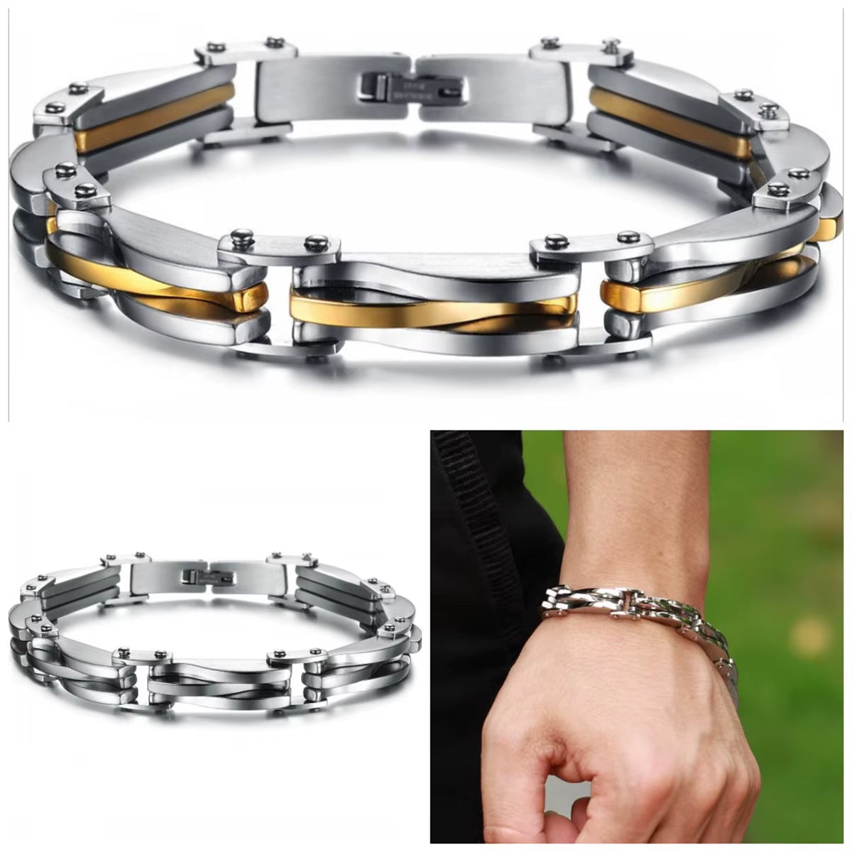 Men Boys Stainless Steel Two Tone Rhombus Cool Link Bangle Bracelet Cuff Gold/Silver Color Wristband Jewelry Xmas Gift