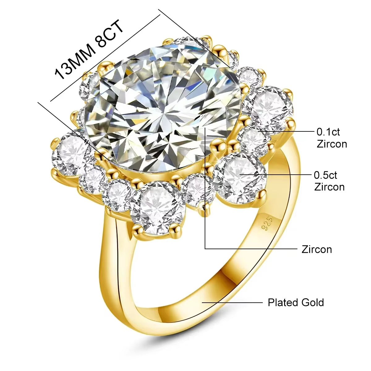 Massive round Cut 13Mm 8Ct Moissanite Ring with Certification Luxury Wedding Fine Jewelries for Women Engagement Gift Pass Test