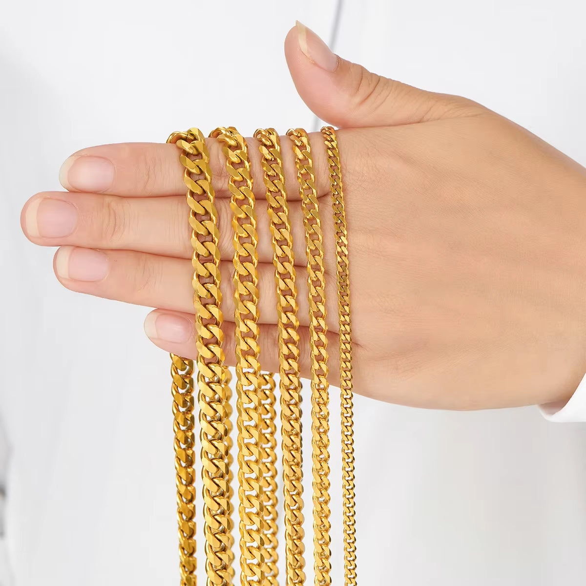 Hot Sale 5Mm/6Mm/7Mm/8Mm/9Mm Gold Plated Stainless Steel Cuban Link Chains Classic Men Boy Curb Chunky Necklace 20 to 24 Inches