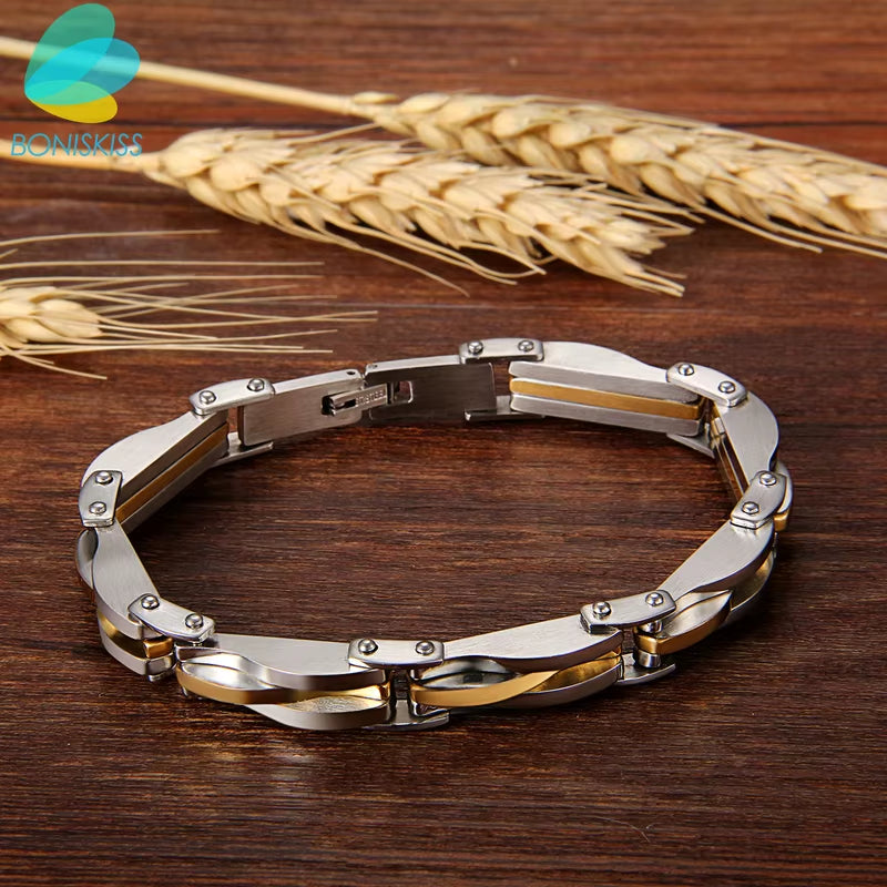 Men Boys Stainless Steel Two Tone Rhombus Cool Link Bangle Bracelet Cuff Gold/Silver Color Wristband Jewelry Xmas Gift