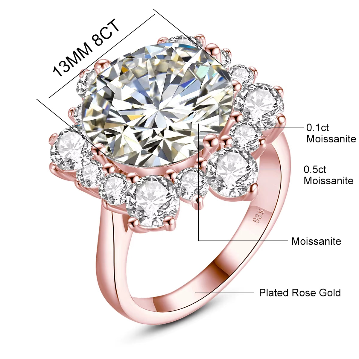 Massive round Cut 13Mm 8Ct Moissanite Ring with Certification Luxury Wedding Fine Jewelries for Women Engagement Gift Pass Test